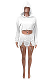 White Women Elastic Band Autumn Winter Long Sleeve HoodiesTop Sports Casual Shorts Sets NK255-1