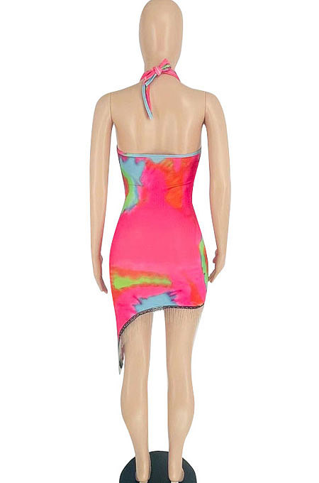 Sexy Tie Dye Tassel Halter Neck Mini Dress BYL6669