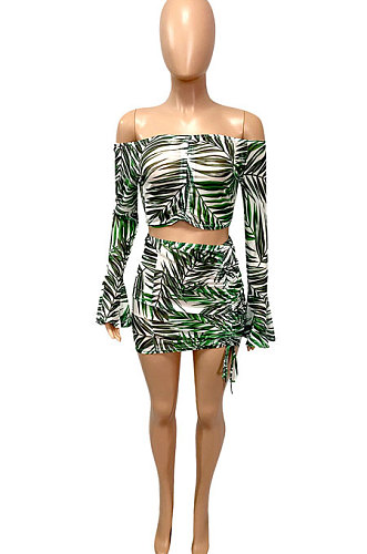 Green Leaves Printing Net Yarn Perspective A Word Shoulder Shirred Detail Sexy Lotus Leaf Sleeve Skirts Sets Q900-1