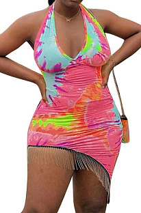 Sexy Tie Dye Tassel Halter Neck Mini Dress BYL6669
