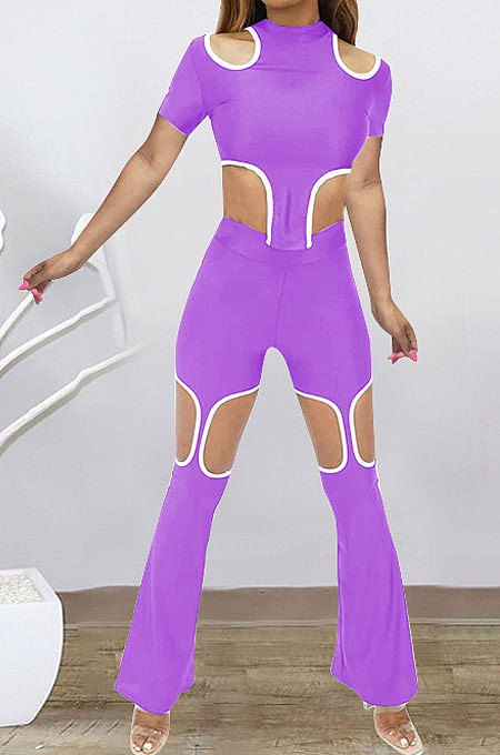 Purple Women Short Sleeve Hole Pants Sets BYL9030-2
