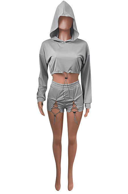 Gray Women Elastic Band Autumn Winter Long Sleeve HoodiesTop Sports Casual Shorts Sets NK255-4