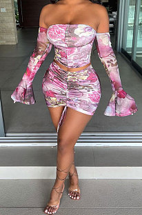 Flower Printing Net Yarn Perspective A Word Shoulder Shirred Detail Sexy Lotus Leaf Sleeve Skirts Sets Q900-7