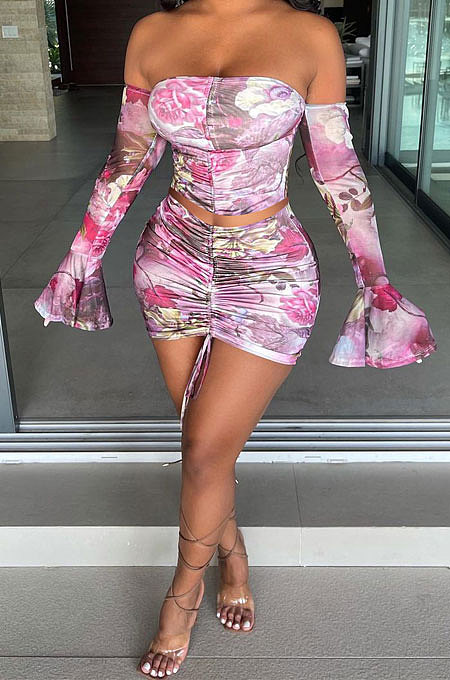 Flower Printing Net Yarn Perspective A Word Shoulder Shirred Detail Sexy Lotus Leaf Sleeve Skirts Sets Q900-7