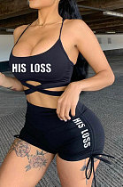 Euramerican Women Fashion Sleeveless Vest Positioning Print Drawsting Ruffle Shorts Sports Two-Pieces ABY9616