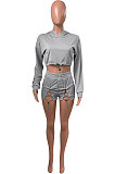 Gray Women Elastic Band Autumn Winter Long Sleeve HoodiesTop Sports Casual Shorts Sets NK255-4
