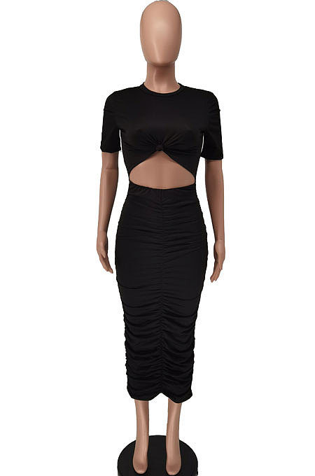 Women Sexy Pure Color Shirred Detail Short Sleeve Long Dress NRS8077
