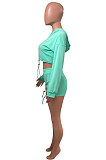 Cyan Women Elastic Band Autumn Winter Long Sleeve HoodiesTop Sports Casual Shorts Sets NK255-6