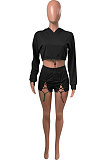 Black Women Elastic Band Autumn Winter Long Sleeve HoodiesTop Sports Casual Shorts Sets NK255-5