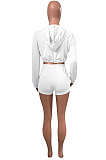 White Women Elastic Band Autumn Winter Long Sleeve HoodiesTop Sports Casual Shorts Sets NK255-1