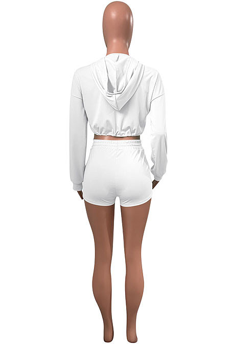 White Women Elastic Band Autumn Winter Long Sleeve HoodiesTop Sports Casual Shorts Sets NK255-1