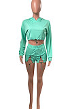Cyan Women Elastic Band Autumn Winter Long Sleeve HoodiesTop Sports Casual Shorts Sets NK255-6