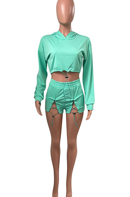 Cyan Women Elastic Band Autumn Winter Long Sleeve HoodiesTop Sports Casual Shorts Sets NK255-6