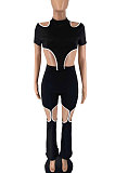 Black Women Short Sleeve Hole Pants Sets BYL9030-1