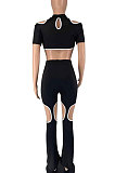 Black Women Short Sleeve Hole Pants Sets BYL9030-1
