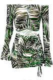 Green Leaves Printing Net Yarn Perspective A Word Shoulder Shirred Detail Sexy Lotus Leaf Sleeve Skirts Sets Q900-1