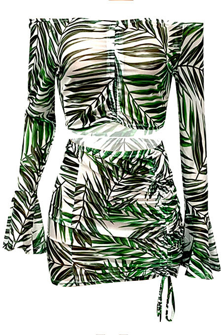 Green Leaves Printing Net Yarn Perspective A Word Shoulder Shirred Detail Sexy Lotus Leaf Sleeve Skirts Sets Q900-1