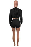 Black Women Elastic Band Autumn Winter Long Sleeve HoodiesTop Sports Casual Shorts Sets NK255-5