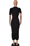 Women Sexy Pure Color Shirred Detail Short Sleeve Long Dress NRS8077