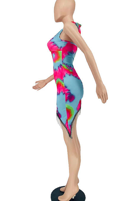 Sexy Tie Dye Tassel Halter Neck Mini Dress BYL6669
