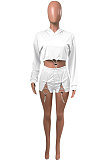 White Women Elastic Band Autumn Winter Long Sleeve HoodiesTop Sports Casual Shorts Sets NK255-1