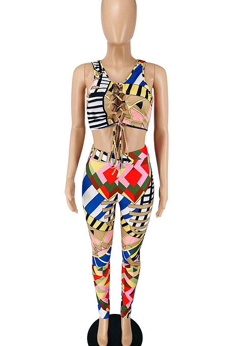 Vest V Neck Sleeveless Printing Bodycon Pants Sets BYL9018