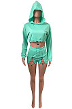 Cyan Women Elastic Band Autumn Winter Long Sleeve HoodiesTop Sports Casual Shorts Sets NK255-6