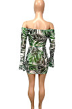 Green Leaves Printing Net Yarn Perspective A Word Shoulder Shirred Detail Sexy Lotus Leaf Sleeve Skirts Sets Q900-1