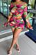Colorblock Rose Red Net Yarn Perspective A Word Shoulder Shirred Detail Sexy Lotus Leaf Sleeve Skirts Sets Q900-2