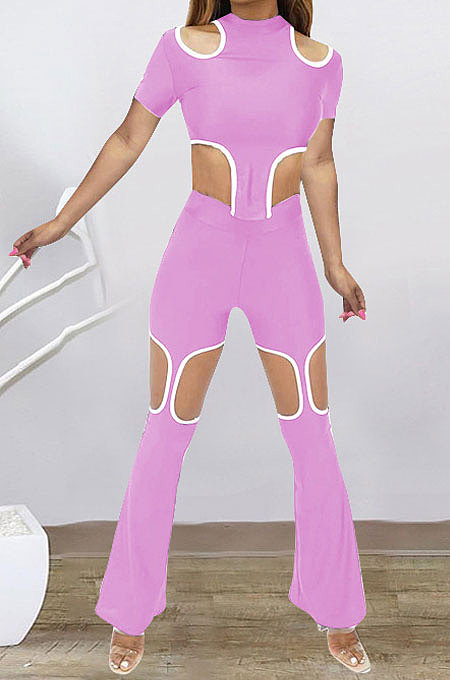 Pink Purple Women Short Sleeve Hole Pants Sets BYL9030-4