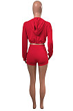 Red Women Elastic Band Autumn Winter Long Sleeve HoodiesTop Sports Casual Shorts Sets NK255-3