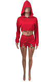 Red Women Elastic Band Autumn Winter Long Sleeve HoodiesTop Sports Casual Shorts Sets NK255-3