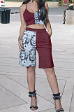 Wine Red Sexy Women Printing Condole Belt Top Shorts Sets PY823-3