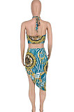 Sleeveless Casual Printing Shirred Detail Skirts Sets BYL81000