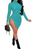 Sexy Perspective Zipper Half Turtle Neck Fashion Open Fork Mini Dress CCY8904