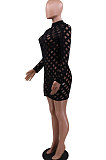 Sexy Perspective Zipper Half Turtle Neck Fashion Open Fork Mini Dress CCY8904