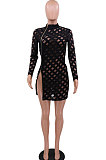 Sexy Perspective Zipper Half Turtle Neck Fashion Open Fork Mini Dress CCY8904