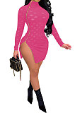 Sexy Perspective Zipper Half Turtle Neck Fashion Open Fork Mini Dress CCY8904