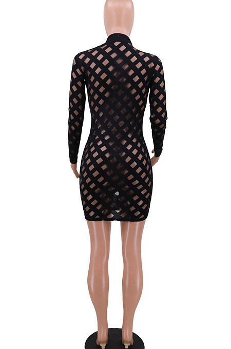 Sexy Perspective Zipper Half Turtle Neck Fashion Open Fork Mini Dress CCY8904