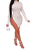 Sexy Perspective Zipper Half Turtle Neck Fashion Open Fork Mini Dress CCY8904