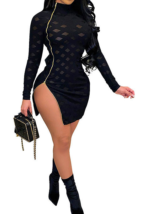 Sexy Perspective Zipper Half Turtle Neck Fashion Open Fork Mini Dress CCY8904