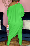 Neon Green Losse Pure Color Inclined Shoulder Casual Spring Autumn Two Piece QSS51021-4