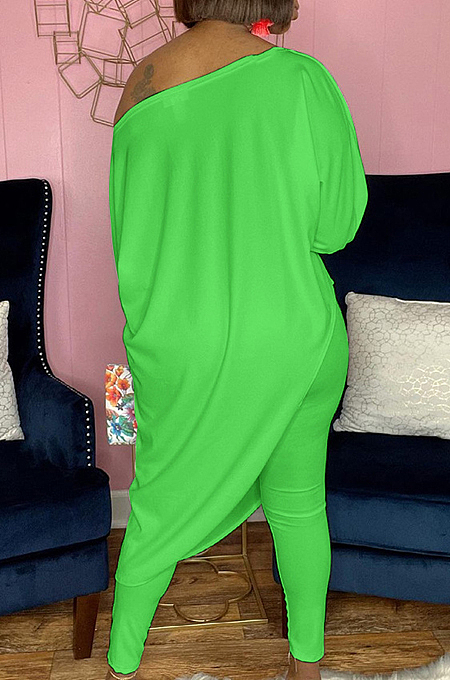 Neon Green Losse Pure Color Inclined Shoulder Casual Spring Autumn Two Piece QSS51021-4