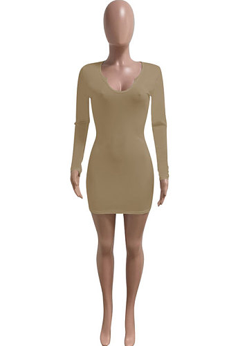 Brown Women Deep V Neck Tight Sexy Long Sleeve Mini Dress Q912-9