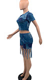 Blue Women Trendy Printing Tassel Shorts Casual Two-Pieces KKY80048-1