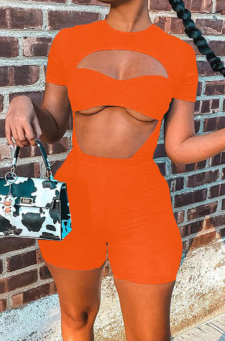 Orange Women Pure Color Screw Thread Hollow Out Sexy Jumpsuit Shorts Sets Q905-4