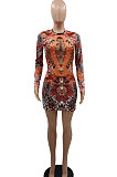Women Peacock Pattern Slim Fitting Sexy Long Sleeve Mini Dress GB8020 
