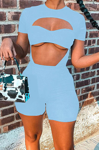 Light Blue Women Pure Color Screw Thread Hollow Out Sexy Jumpsuit Shorts Sets Q905-5