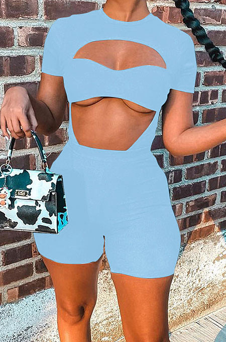 Light Blue Women Pure Color Screw Thread Hollow Out Sexy Jumpsuit Shorts Sets Q905-5