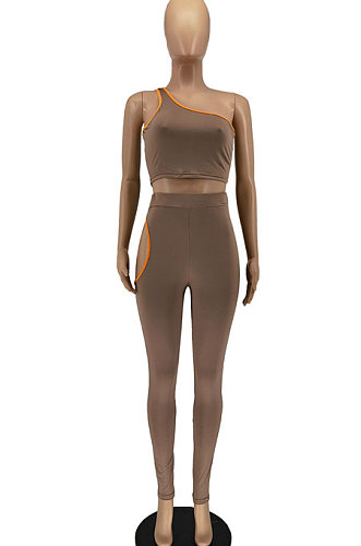 Coffee Euramerican Women Fashion One Shoulder Off Shoulder Pure Color Pants Sets AA5264-1